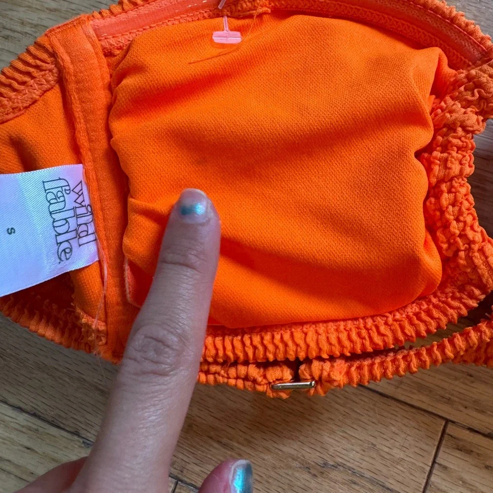 Wild Fable Neon Orange Smocked Bandeau Bikini Top O-Ring Cutout Small